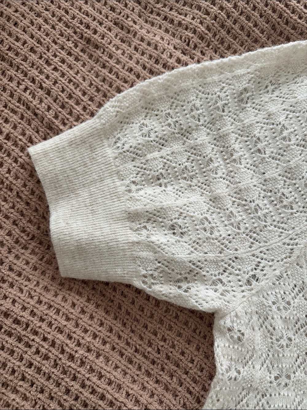 Old Navy Cream Openwork Tie-Neck Short Sleeve Sweater - Picture 3 of 5